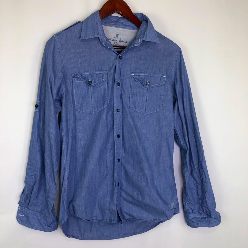 American Eagle Button Up Long Sleeve Striped Vintage Fit Evening Date Collared